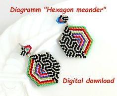 You will receive diagrams for 2 patterned hexagons in Brick Stitch or Peyote Stitch. The large hexagon contains 13 colors and is 3.4 cm long and 3 cm wide. The smaller one to stick on an ear stud is approx. 1.2 x 1.2 cm and has 5 colors. The hexagons can be threaded in brick stitch or in peyote. Play with colors (thread one half in one color or with multiple rows of one color) or change the size by simply leaving out one or more rows. Hang your large hexagon on ear hooks or use it as a pendant. Number Beads, Brick Stitch Pattern, Ear Stud, Beaded Jewelry Patterns, Delica Beads, Brick Stitch, Ear Hook, Graphic Patterns, Jewelry Patterns