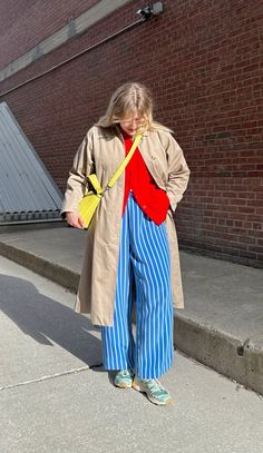 Color Factory Outfit Ideas, Primary Colors Outfit Aesthetic, Trench Spring Outfit, Scandi Fall Fashion 2024, Colourful Minimalist Fashion, Primary Color Clothes, Colorful Winter Outfits Aesthetic, Striped Pants Outfit Winter, Cobalt Blue Shirt Outfit