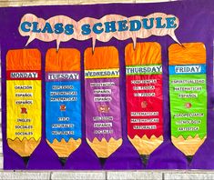 a bulletin board with different types of pencils and the words class schedule on it