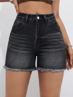 Women's Frayed Hem Casual Denim Shorts With Pockets , Black Jean Shorts Dark Grey Casual   Denim Plain Straight Leg Non-Stretch  Women Clothing, size features are:Bust: ,Length: ,Sleeve Length: Black High Waist Summer Jeans, High Waist Black Summer Jeans, Black High Waist Jeans For Summer, High Waist Black Jeans For Summer, High Waist Washed Black Jean Shorts With Pockets, High-waisted Washed Black Jean Shorts With Pockets, Summer Black Jeans With Frayed Hem, Black High Waist Denim Shorts, Black High-waisted Denim Shorts