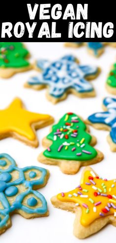 A pin for vegan royal icing with a photo of cookies topped with royal icing, decorated as stars, snowflakes & Christmas trees.