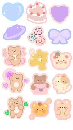 some stickers that are on top of a white surface with hearts and teddy bears