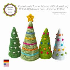 three crocheted christmas trees in different colors and sizes are shown on the front cover