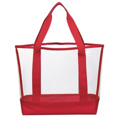 a red and white tote bag on a white background