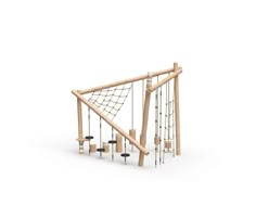 a wooden climbing frame with ropes and bells