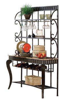 an iron shelf with wine glasses, plates and other items on it's shelves