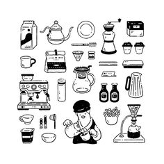 a black and white drawing of coffee related items on a white background, including cups, saucers, kettles, blenders, and more