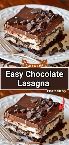 easy chocolate lasagna recipe on a white plate with the title overlayed