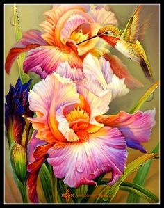 a painting of two flowers and a hummingbird