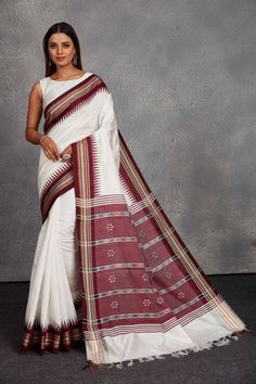 Shop elegant white tussar silk saree online in USA with maroon border and pallu. Get festive ready in beautiful Kanchipuram silk saris, pure silk sarees, soft silk sarees, tussar silk saris, handwoven sarees, chanderi silk sarees from Pure Elegance Indian fashion store in USA.-full view White And Maroon Saree, Polka Dot Saree, Maroon Saree, Chanderi Silk Saree, Pure Elegance, Tussar Silk Saree, Traditional Fabric, Silk Sari, Silk Sarees Online