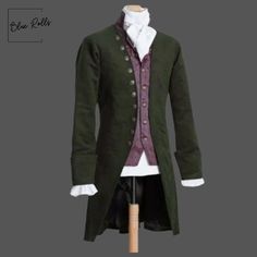 New Men's Green Wool 18th Century Tailcoat, Colonial Frock Coat -Gothic regency jacket - Custom Made  New Men Green Wool Military Tailcoat Professionally stitched Material: wool, Satin, Silk  Custom Fit Style: Perfect for Men and Children Colours Available: Green, Navy Blue, Black, Red, White Characteristics: Professionally stitched for durability Ideal for Halloween, Christmas, Festivals, and more Available for School Performances, Masquerades, and Parties 100% wool Professionally stitched Avai Regency Style Fitted Long Sleeve Outerwear, Regency Style Long Sleeve Costume Outerwear, Regency Jacket, Gothic Regency, Frock Coat, Green Wool, Satin Silk, Mens Green, Book Decor