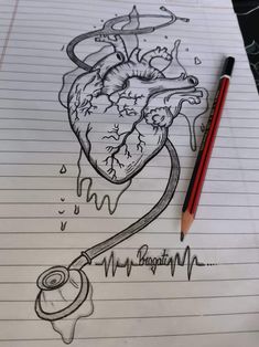 a pencil drawing of a heart with a stethoscope