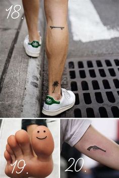 the foot has a smiley face on it and is next to a man's feet