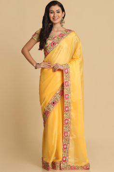 Buy Light Yellow Resham Embroidery Chiffon Sarees Online Bollywood Style Chiffon Blouse Piece For Diwali, Fitted Chiffon Saree With Resham Embroidery, Diwali Bollywood Style Chiffon Blouse Piece, Festive Bollywood Chiffon Blouse Piece, Navratri Chiffon Pre-draped Saree With Pallu, Bollywood Style Chiffon Blouse Piece For Navratri, Semi-stitched Chiffon Pre-draped Saree For Diwali, Chiffon Pre-draped Saree With Pallu For Navratri, Fitted Chiffon Saree With Cutdana