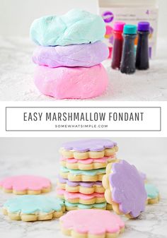 easy marshmallow fondant cookies are stacked on top of each other