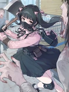 an anime character holding a large ax in her hand