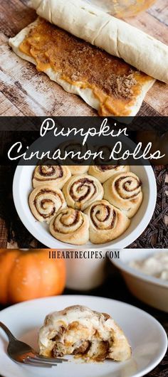 pumpkin cinnamon rolls on a plate with a fork