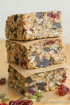 three homemade granola bars stacked on top of each other with the words, fuel to go