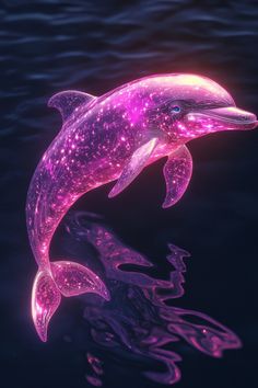 a pink dolphin floating on top of water next to a body of water with bubbles