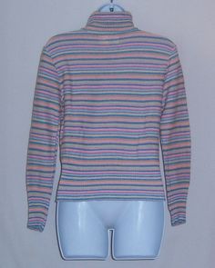 "Vintage Sears Jr Bazaar pink, blue, yellow, lavender and green striped or stripes turtleneck sweater. Deadstock. Never worn. Original tag still attached. Women's size SMALL or S. 100% acrylic. Measurements: bust-36\", length-22\"." Dirndl Skirt, Womens Sweaters, Cardigan Sweater Jacket, Striped Turtleneck, Silk Jacket, Sweater Tank, Cotton Cardigan, Yellow Stripes, Cute Skirts