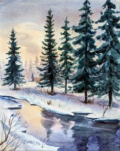 watercolor painting of snow covered trees and river