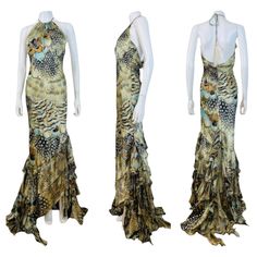 S/S 2004 Roberto Cavalli Silk Dress Gown Incredible multi feather print silk fabric with gold glitter acents Halter neckline with with long ties with an iridescent beads and feathers at each end Keyhole cut at at the bodice Form fitted style with wide flared ruffled mermaid hem with cut out details Train in the back Open upper back Hidden zipper up the back Unlined Marked S, Measurements - Bust 19", Waist 14", Hips 19", Length 70" in front 75" in back (taken from top of dress at neckline, dress Printed Silk Fabric, Silk Dressing Gown, Printed Halter Dress, Maxi Gown Dress, Neckline Dress, Fitted Style, Feather Print, Dress Gown, Spice Girls