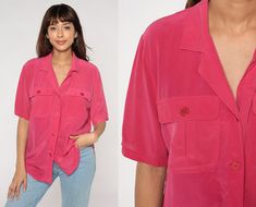 "Vintage 00s shirt in pink silk with short sleeves and buttons up the front.  Please see measurements and condition below. Every garment we sell is authentic vintage and one-of-a-kind! You will receive the exact item photographed. Condition: Very good vintage. Best fits women's: large to extra Large Material:  Feels like silk MEASUREMENTS Taken from seam to seam while the garment is lying flat. Double the armpit, waist, and hips For reference, model is 5'9\" and measures 34-26-37. Length from To Pink Top With Camp Collar And Button Closure, Pink Top With Button Closure And Camp Collar, Pink Short Sleeve Blouse With Button Closure, Blouse Y2k, Everyday Pink Button-up Shirt, Pink Silk Blouse, Pink Silk Button-up Top, Vintage Pink Shirt With Button Closure, Pink Relaxed Fit Button-up Shirt