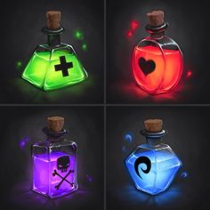 four bottles with different colored lights in the shape of hearts and crossbones on them