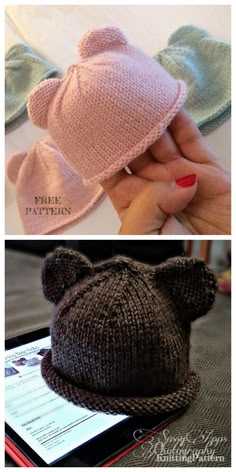 there are two knitted hats on top of each other, one is pink and the other is gray