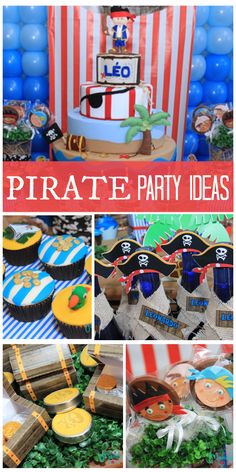 a collage of pirate party ideas including cupcakes, cake and decorations