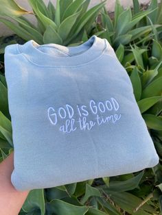 God is Good Embroidered Sweatshirt Crewneck is light weight, and perfect for layering! We use 4 UNISEX STYLE Brands: Smart Blank, Gildan, Cotton Heritage, & Hanes The brand will depend on your size. All crewnecks are true to size. However, if you enjoy a relaxed and lose fit, please size up. ✈️ PRODUCTION TIME & SHIPPING:: Production Time: Sweatshirts are made within 3-5 business days from when the order is placed. Shipping Time: Standard Domestic Shipping (3-5 business days after production tim Trendy Clothes Sweatshirts & Hoodies, Sweaters With Quotes Sweatshirts, Trendy God Shirts, Cristian Sweater, Embroidered Clothes Ideas, Sweatshirts Ideas, Jesus Clothes, Christian Shirts Designs, Trendy Sweater