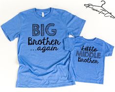 "--- PRICE IS PER SHIRT --- ★ HOW TO ORDER ★ 1. Check and review all photos. 2. Select SIZE and PRODUCT COLOR from drop-down menus. 3. You will see \"Add your personalization\" Please Enter Design: \"Big Brother\" OR \"Middle Brother\" EXAMPLE: Middle Brother 4. Click ADD TO CART. -REPEAT to add additional products to the cart. 5. Once everything is added, PROCEED TO CHECKOUT to purchase together. -For rush orders and faster delivery, select shipping upgrades during checkout 8 unique colors* for Sibling Reveal, Big Brother Again Shirt, New Big Brother Shirt, Cute Big Brother Shirts, Big Brother Again, Big Bro Shirt Announcement, Big Brother Tshirts Boys, Promoted To Big Brother Shirt, Brother Shirts