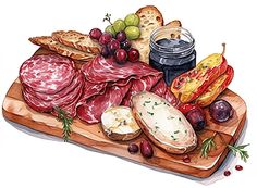 a painting of meat and cheese on a cutting board with bread, olives, grapes, crackers