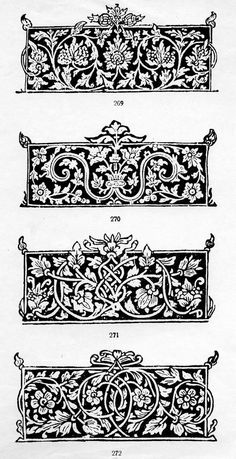 four different types of ornamental designs in black and white ink, each with an ornate design on