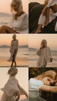 a woman sitting on top of a beach next to the ocean wearing a white dress