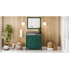 a bathroom with wood paneling and green vanity