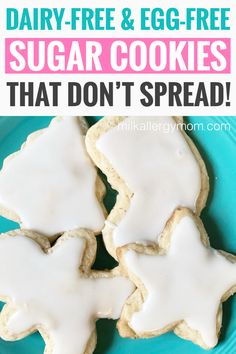 Try these soft and thick sugar cookies that keep their shape! Easily made dairy-free AND egg-free. Great for holidays and classroom parties. See the allergy friendly cookie and royal glossy icing recipes at Milk Allergy Mom! Sugar Cooking Icing, Dairy Free Christmas Recipes, Dairy Free Icing, Dairy Free Sugar Cookies, Allergy Friendly Cookies, Sugar Cookie Icing Recipe, Cut Out Sugar Cookies, Making Sugar Cookies