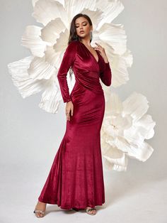 Burgundy Elegant Collar Long Sleeve Knitted Fabric Plain Fitted Embellished Medium Stretch  Weddings & Events Fitted V-neck Evening Dress For Winter, Winter Evening Maxi Dress With V-neck, Holiday V-neck Formal Gown, Winter Party V-neck Maxi Dress, V-neck Winter Maxi Dress For Party, Fitted V-neck Holiday Gown, Fitted V-neck Maxi Dress For Winter, Long Sleeve Evening Gown For Fall, Fitted Long Sleeve Gown For Holiday