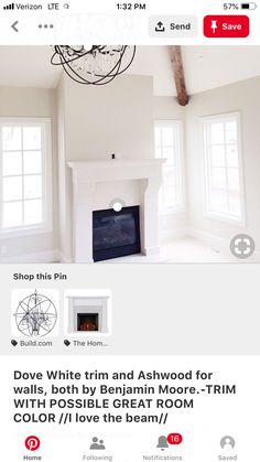 an image of a living room with white walls and fireplace in the center is featured on instagram