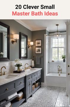 a bathroom with gray walls and white tile flooring, two sinks in front of the tub