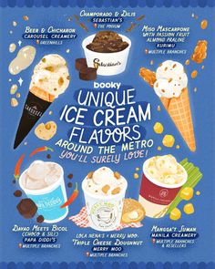 an advertisement for ice cream parlors with different flavors and toppings on the front