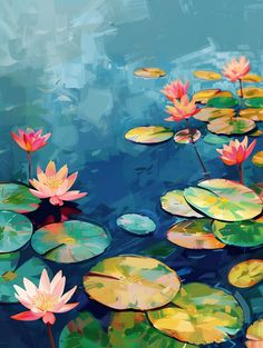 water lilies are floating in the pond