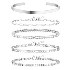 PRICES MAY VARY. [Silver Bracelets for Women Trendy] silver bracelet stack set consists of a 5 style silver bracelet. Featuring a variety of styles, including a flattened link bracelet/silver beaded bracelet/silver bangle bracelet/Cuban link bracelet/Figaro chain bracelet, this silver bracelet stack for women offers endless possibilities for accessorizing. [Silver Plated Bracelet] Wowshow bracelet stack is meticulously crafted with high-quality materials and is beautifully silver-plated. The sil Silver Bracelet Stack, Bracelets Adjustable, Bracelet Pack, Bracelet Set Silver, Silver Bracelets For Women, Silver Plated Bracelet, Jewelry Bracelets Gold, Bracelets Set, Bracelet Dainty