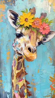 a painting of a giraffe with flowers on its head, against a blue background