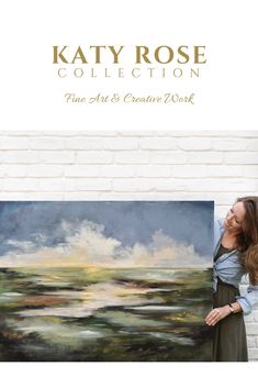 a woman standing in front of a painting with the words kathy rose collection on it