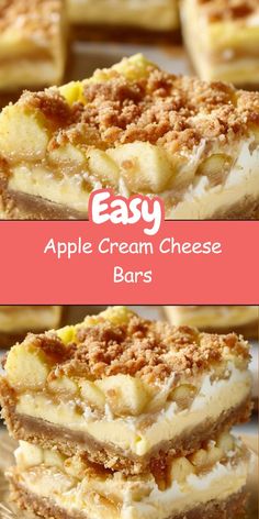 easy apple cream cheese bars with crumbled toppings on top and in the middle