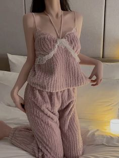 Pink Relaxation Set With Long Pants, Soft Pink Sleepwear, Cozy Pink Sets For Pajama Party, Yn Outfit Pajamas, Pink Sleepwear Camisole Set, Pink Camisole Sleep Set, Cozy Pink Loungewear Sets, Cute Pajamas For Women Korean, Pink Soft Texture Sleepwear