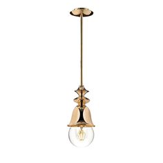 an antique brass finish pendant light fixture with clear glass globes on the top and bottom