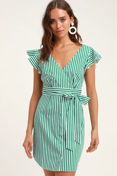 Dresses for Women | Best Women's Dresses Online Sewing Wardrobe, Green Striped Shirt, Bella Bella, Feminine Outfits, Ice Dye, Cute Spring Outfits, Striped Shirt Dress, Textile Designer, Button Up Dress