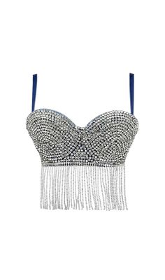 RHINESTONE TASSEL DENIM CROPPED TOP IN BLUE Trendy Rhinestone Fringe Top For Night Out, Trendy Rhinestone Fringe Tops For Summer, Trendy Rhinestone Crop Top For Summer, Summer Fitted Crop Top With Rhinestone Fringe, Satin Corset Dress, Plus Size Corset, Denim Crop Top, Trendy Denim, Linen Mini Dress